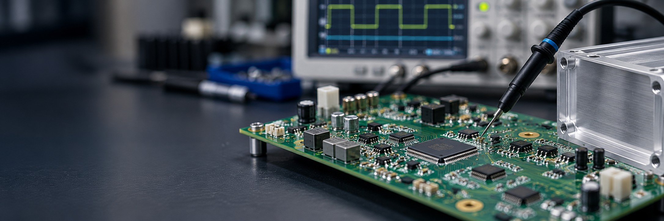 PCB prototype, oscilloscope, test probe, and aluminum enclosure