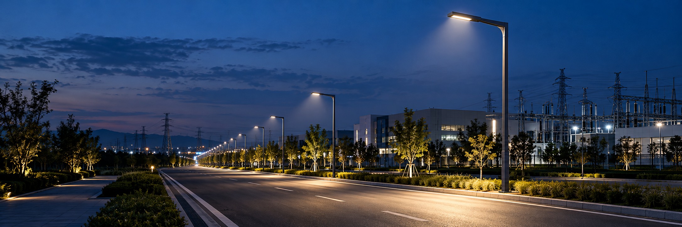 LED street lighting and electrical power infrastructure at dusk
